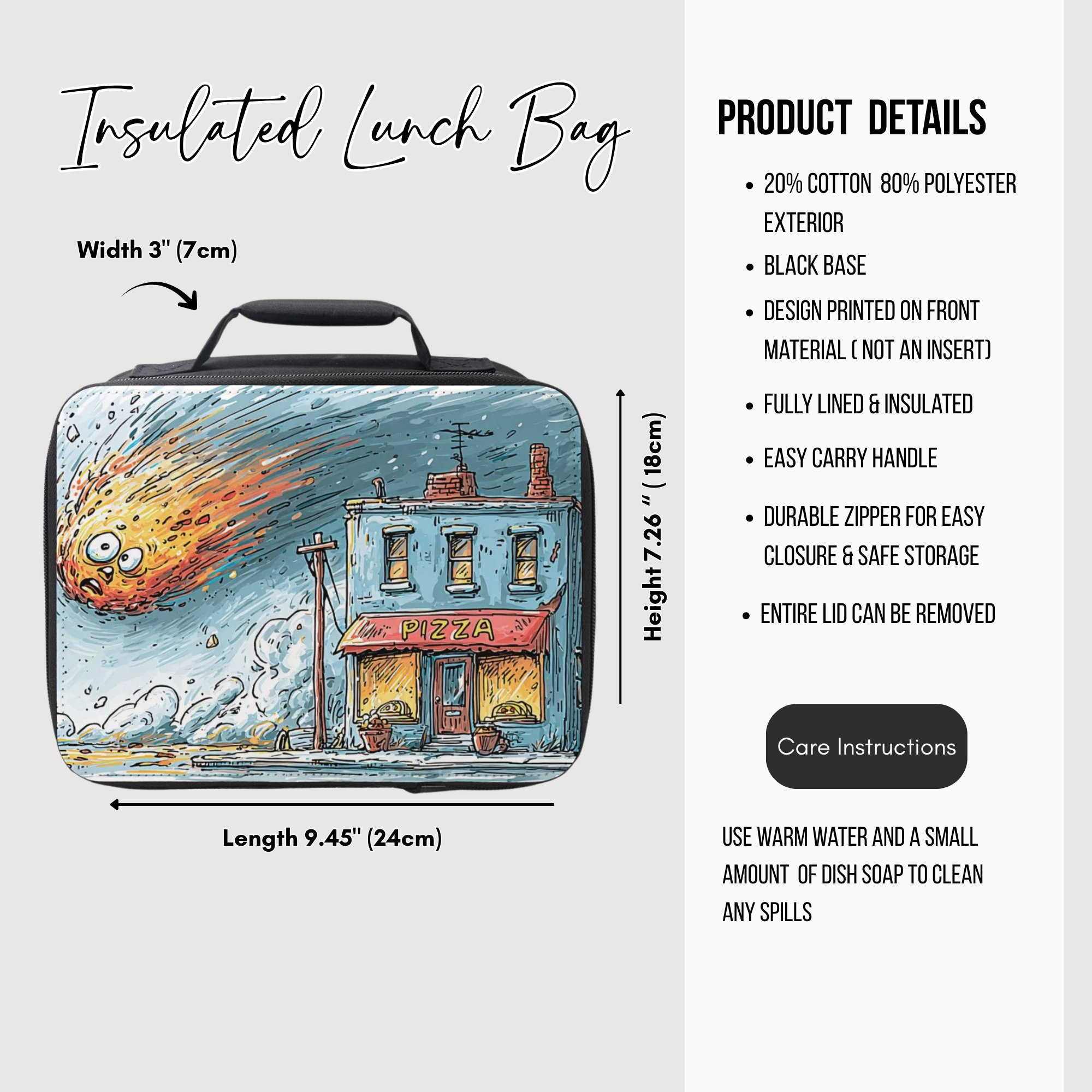 Insulated lunch bag with a pizza shop and meteor design, featuring product details on a white background.
