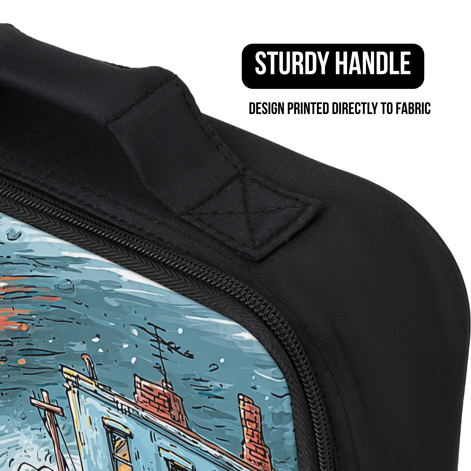 Black lunch bag with a design printed directly to fabric and a sturdy handle.