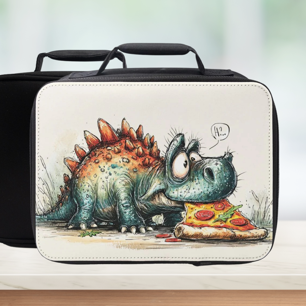  insulated lunch bag with a cartoon dinosaur eating pizza design