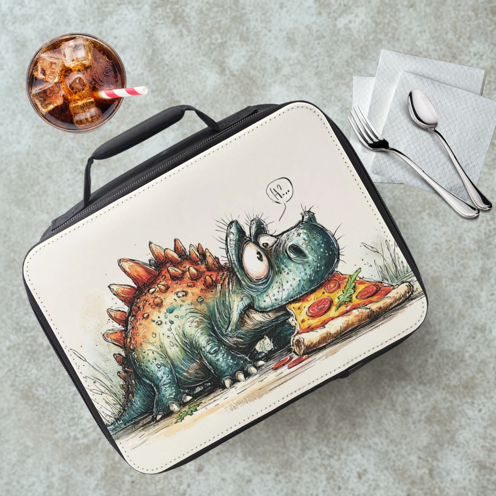  insulated lunch bag with a dinosaur eating pizza design on a cafeteria table with a drink and utensils.
