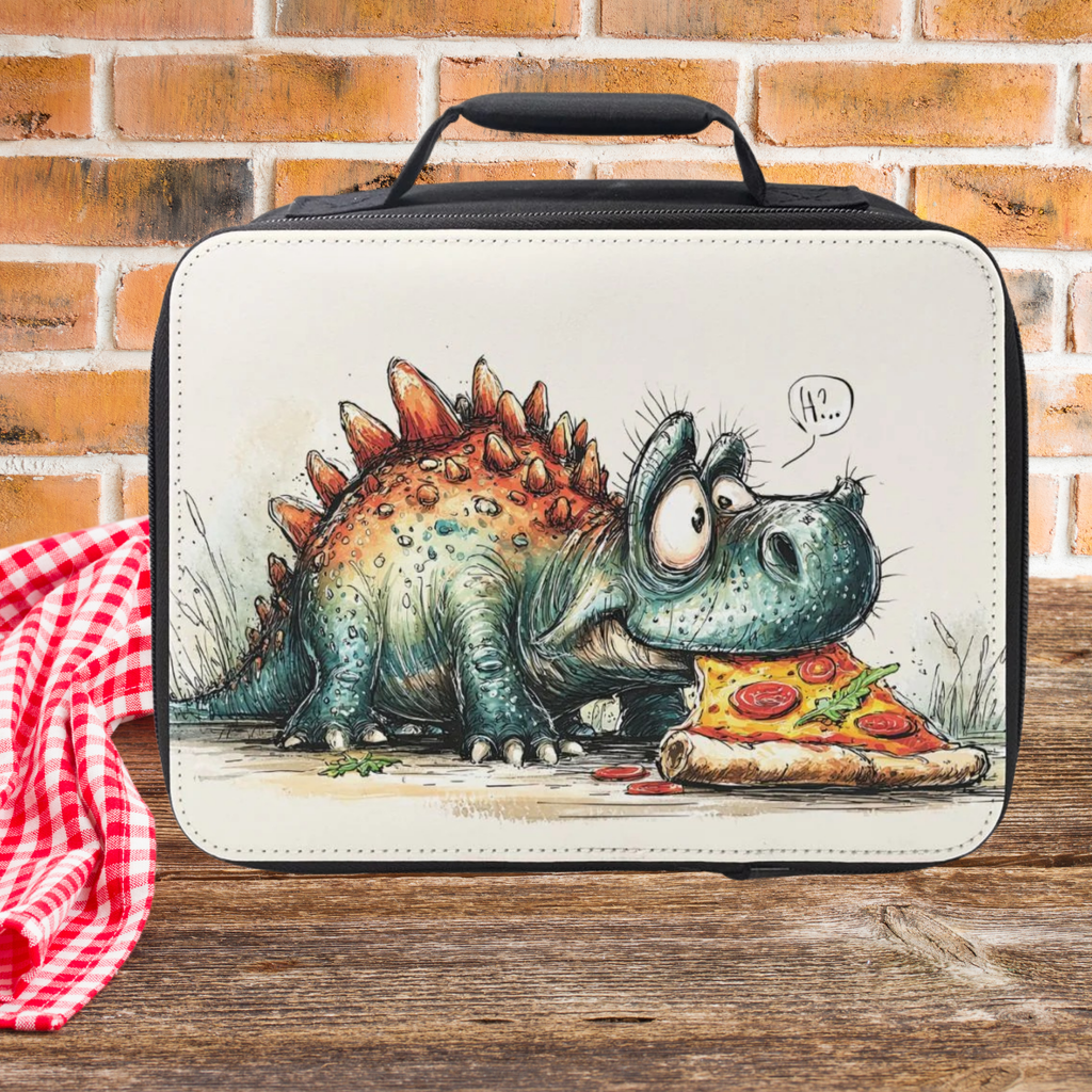 insulated lunch bag with a dinosaur eating pizza design on a wooden picnic table with a brick wall background