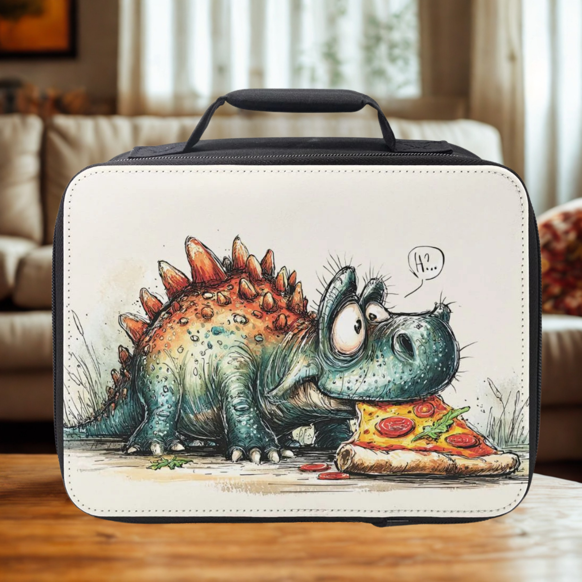  insulated lunch bag with a cartoon dinosaur eating pizza design on a wooden table in a cozy living room.