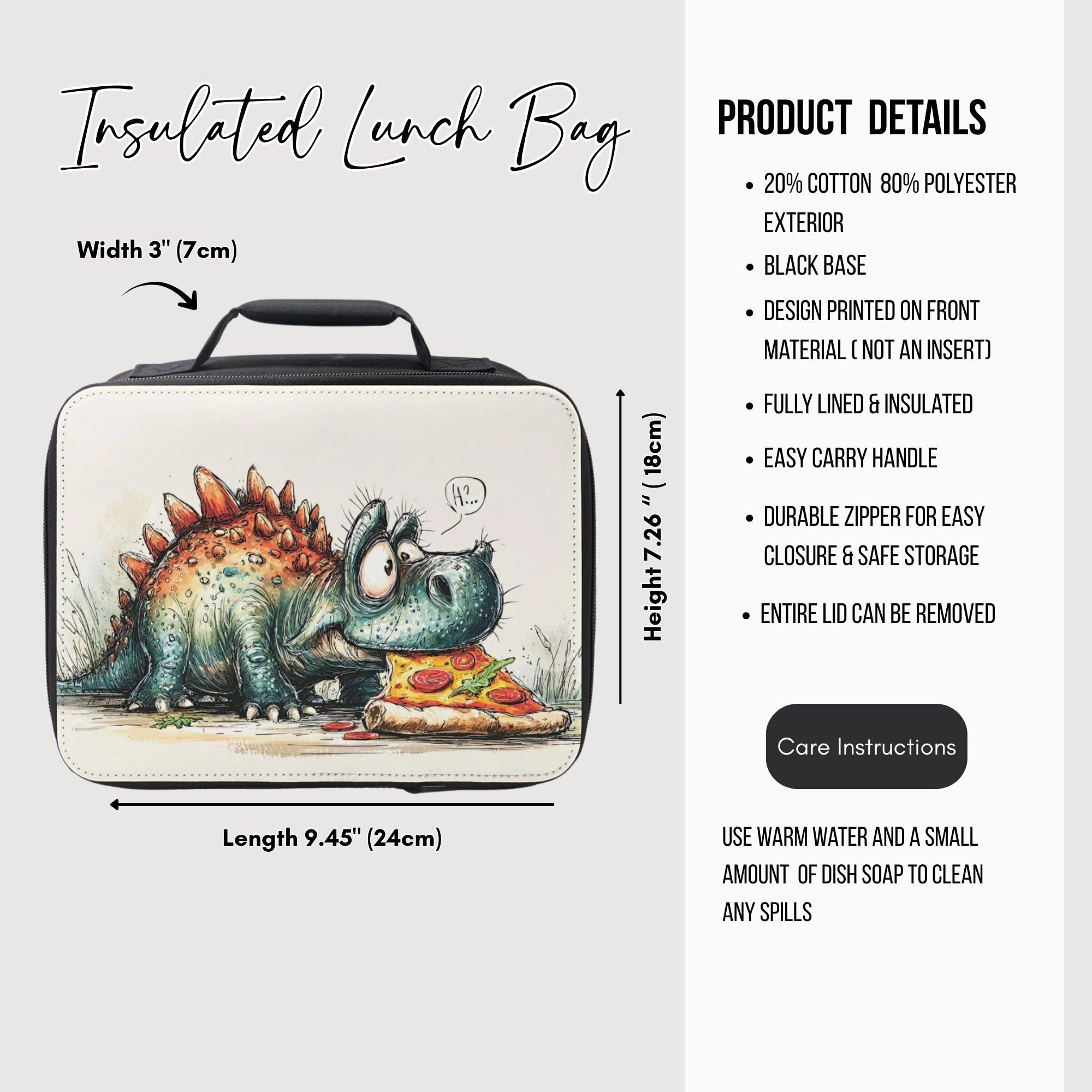 Insulated lunch bag with dinosaur eating pizza design and product details on a white background