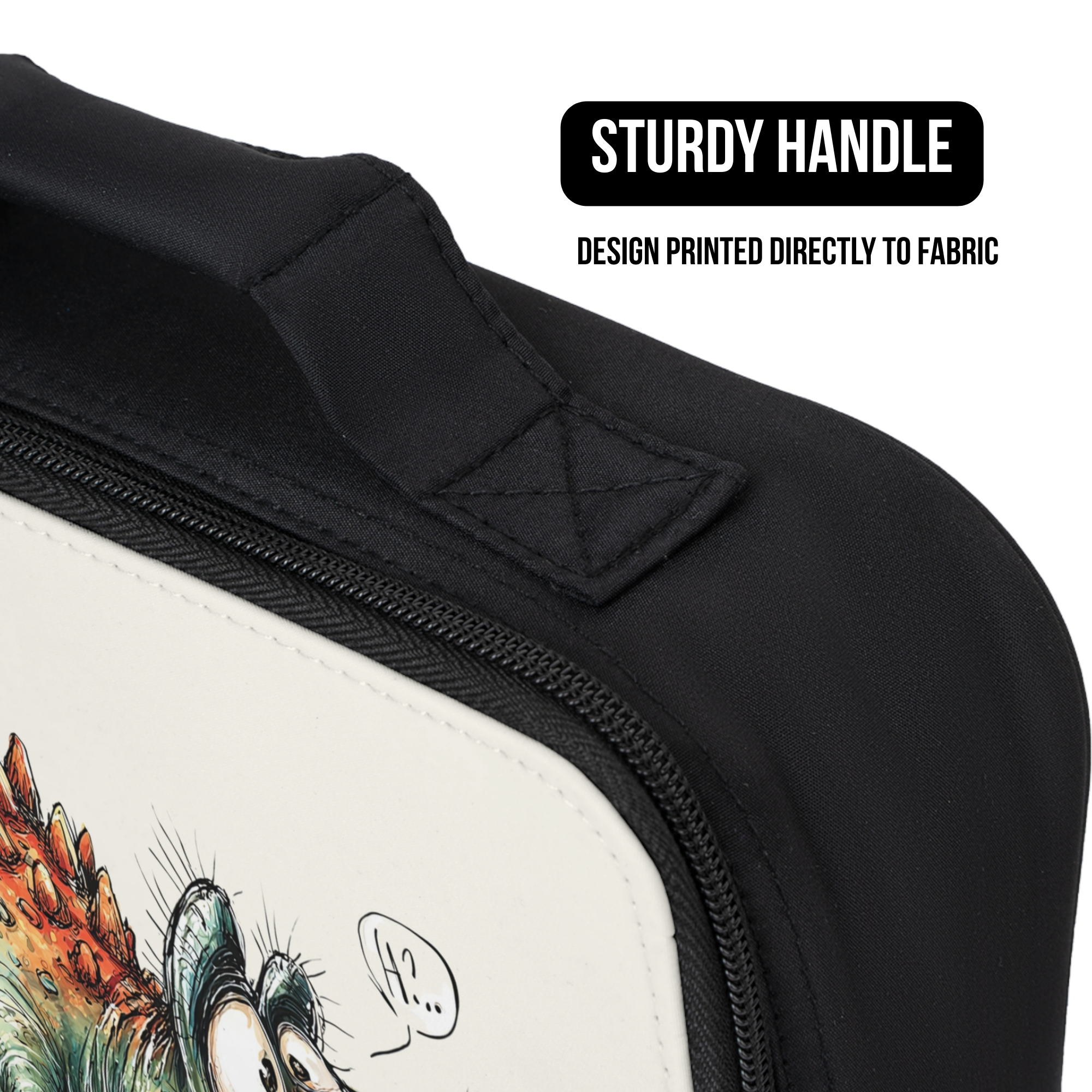 Black lunch bag with a design printed directly to fabric and a sturdy handle.