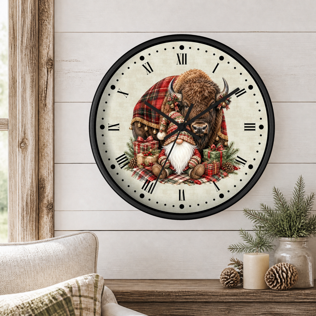 A round wall clock with a black frame and Roman numerals, featuring a festive bison illustration wrapped in a red plaid blanket with a white bearded gnome, styled on a white wood paneled wall above a rustic table with candles and pine branches.