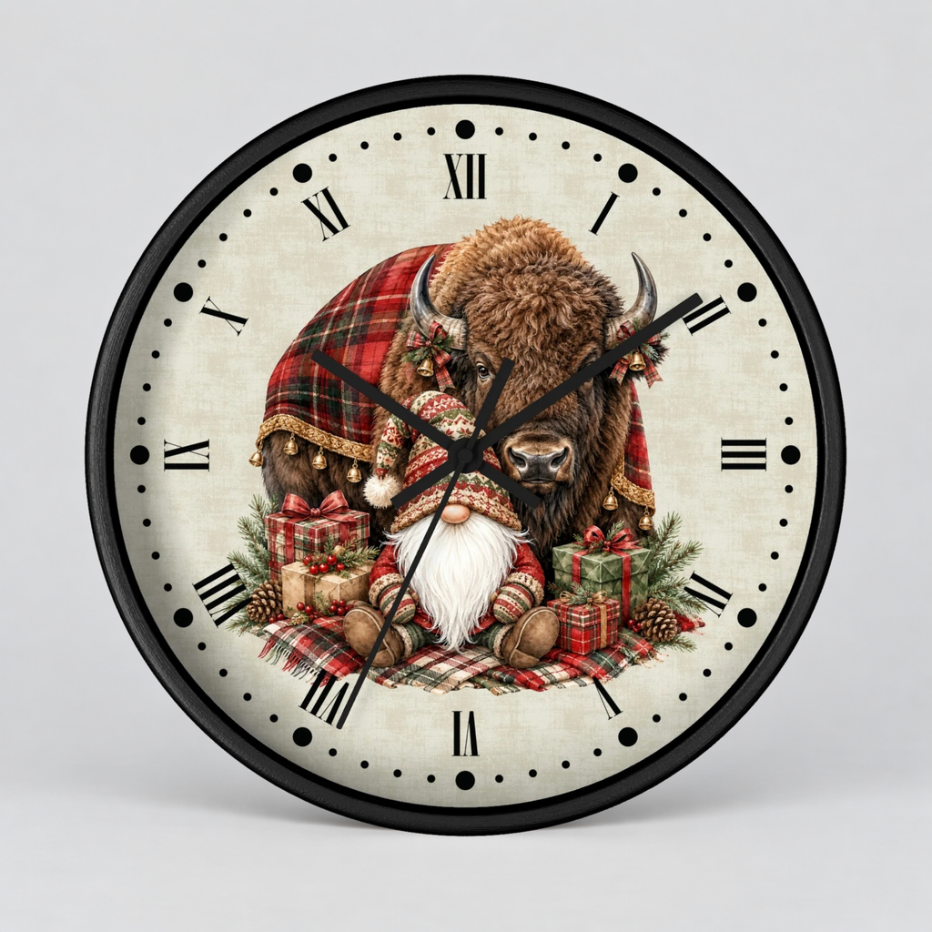 A round wall clock with a black frame and a festive illustration of a bison and a Santa-clad gnome on the clock face, set against a light gray background.