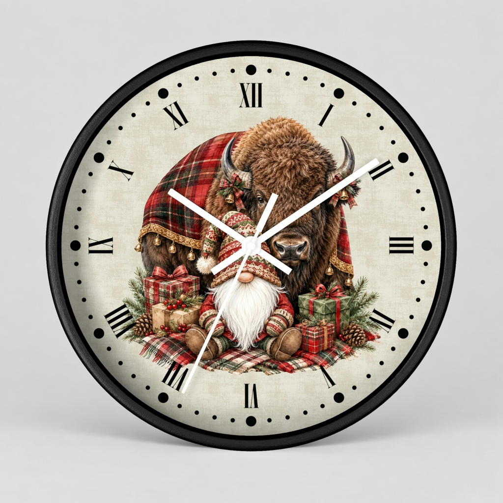Christmas Buffalo & Gnome Wall Clock – Rustic Holiday Decor