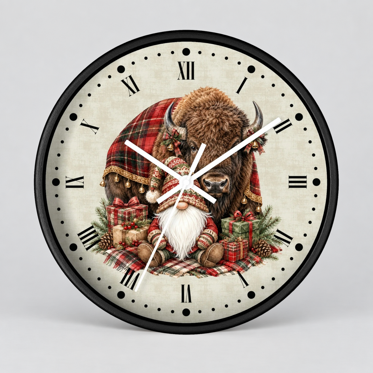 Christmas Buffalo & Gnome Wall Clock – Rustic Holiday Decor