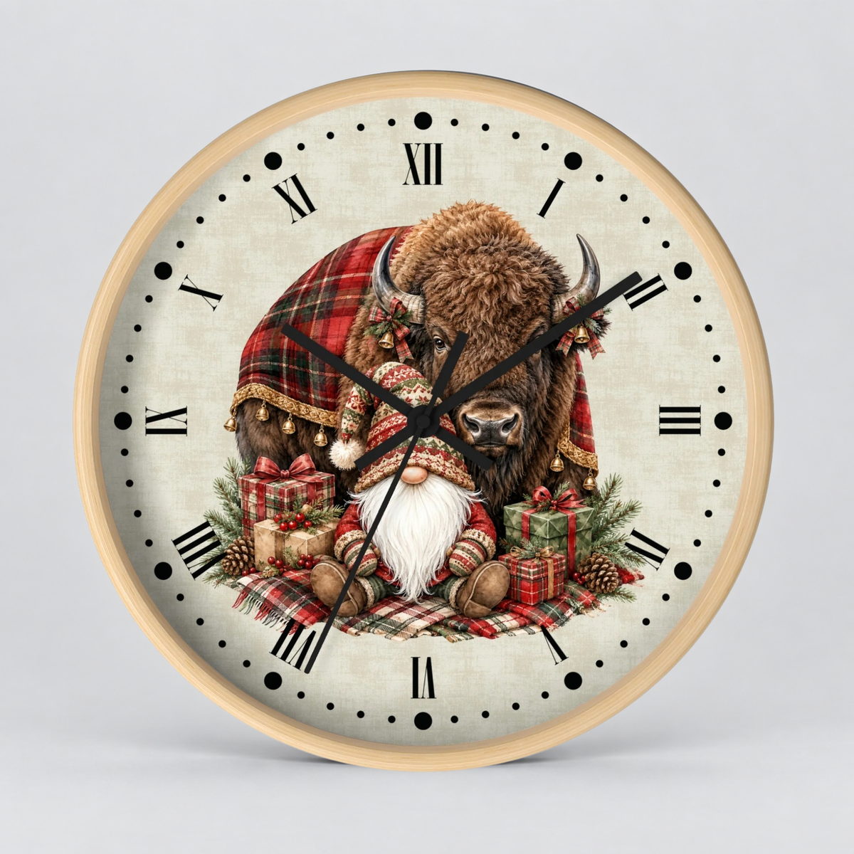 Christmas Buffalo & Gnome Wall Clock – Rustic Holiday Decor