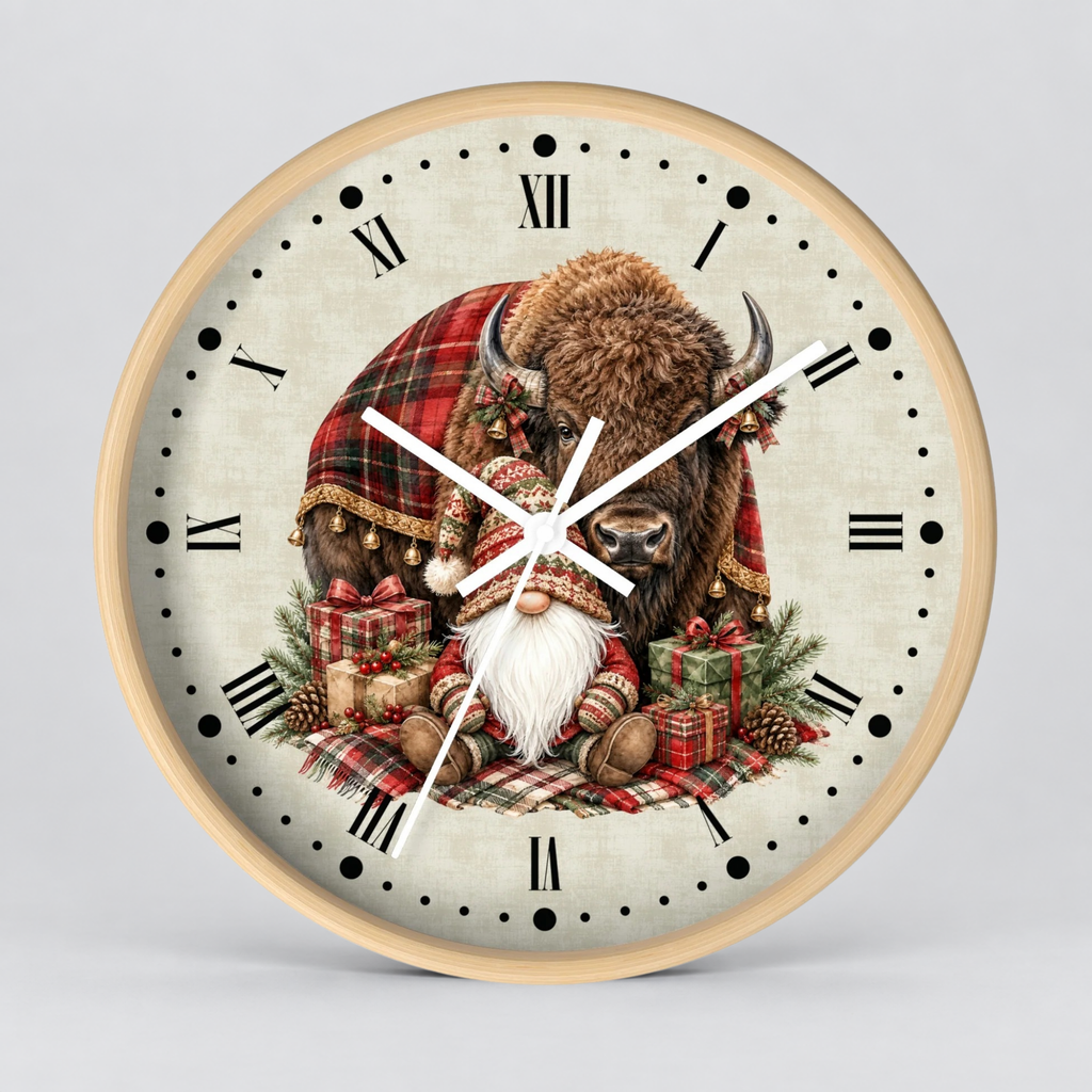 Christmas Buffalo & Gnome Wall Clock – Rustic Holiday Decor