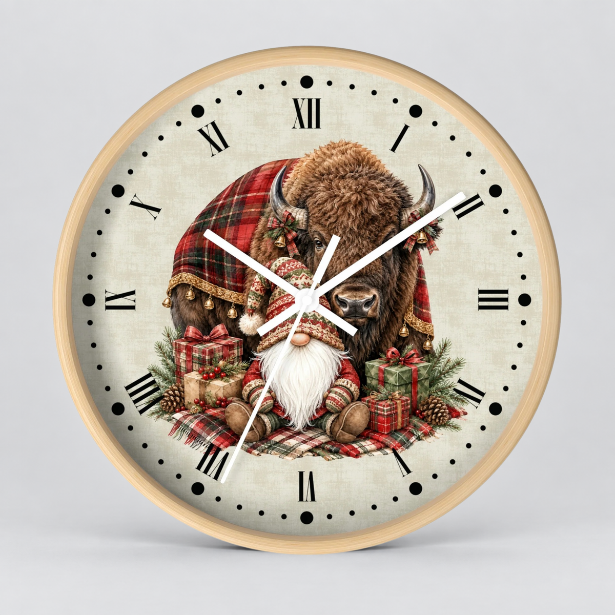 Christmas Buffalo & Gnome Wall Clock – Rustic Holiday Decor
