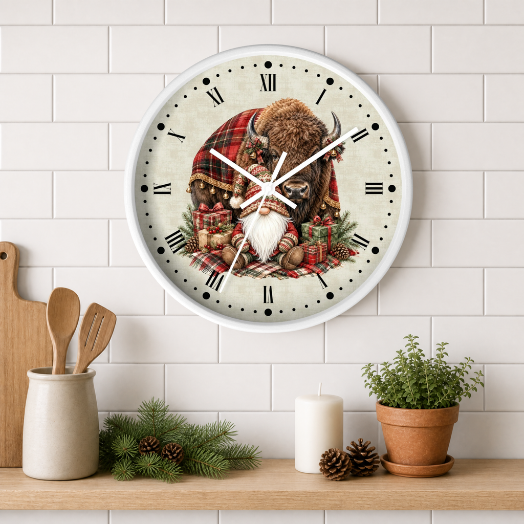 Christmas Buffalo & Gnome Wall Clock – Rustic Holiday Decor