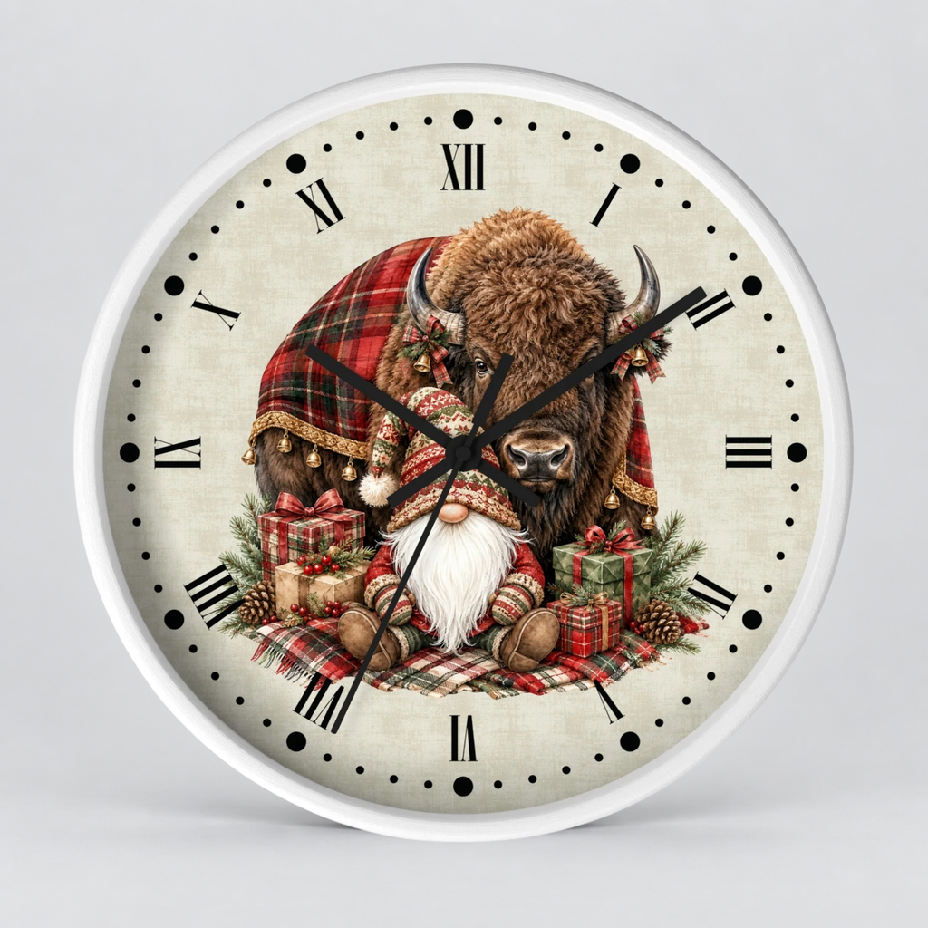 Christmas Buffalo & Gnome Wall Clock – Rustic Holiday Decor