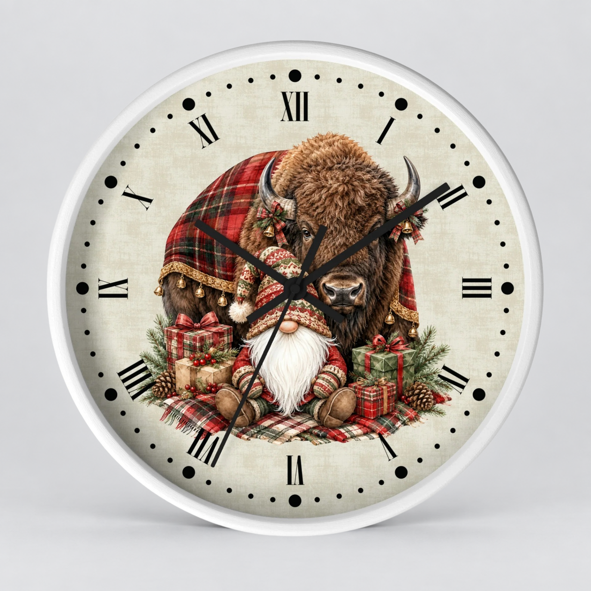 Christmas Buffalo & Gnome Wall Clock – Rustic Holiday Decor