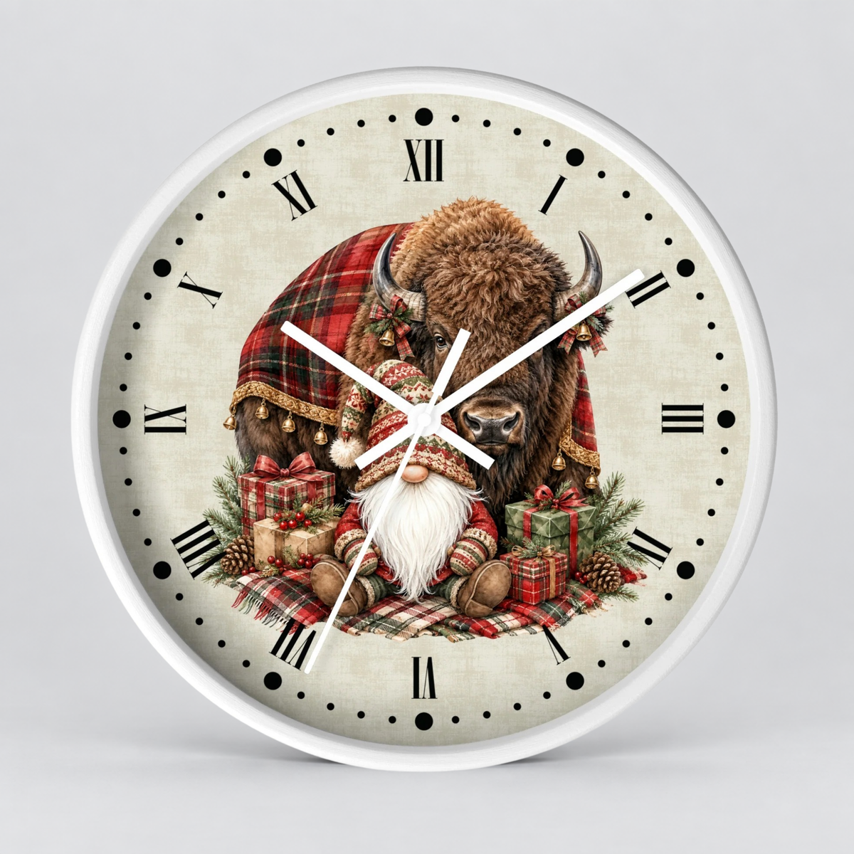 Christmas Buffalo & Gnome Wall Clock – Rustic Holiday Decor