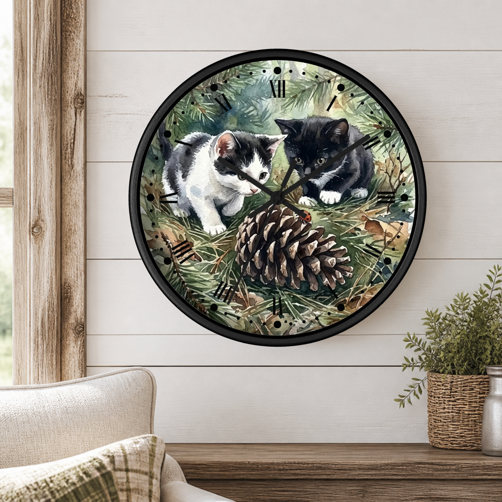 Round wall clock with a black frame featuring an illustration of two kittens and a pinecone among pine branches, mounted on a white shiplap wall above a wooden console table with a plant.