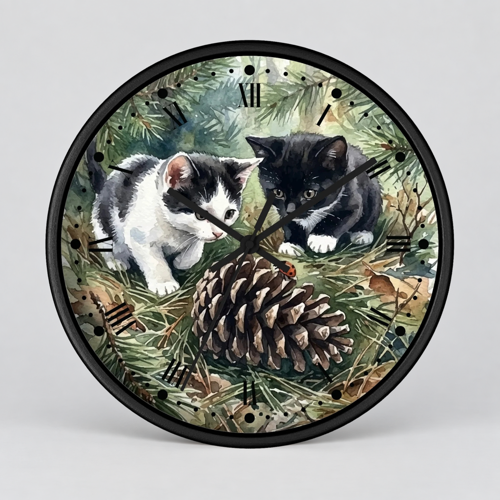 Watercolor Playful Kittens in the Pines Wood Wall Clock - Cat Lover Decor