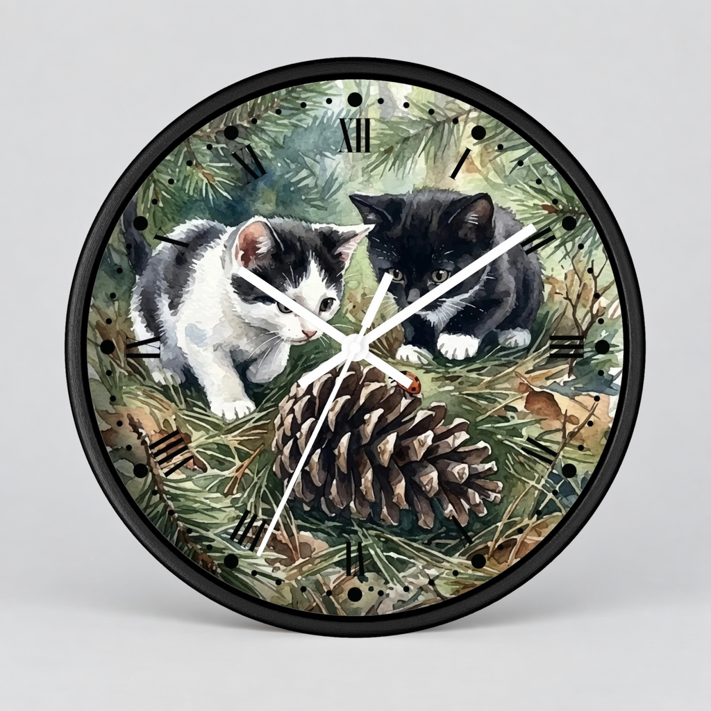 Watercolor Playful Kittens in the Pines Wood Wall Clock - Cat Lover Decor