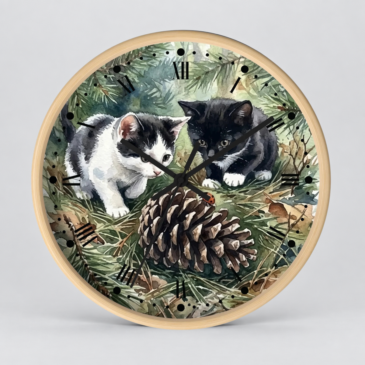Watercolor Playful Kittens in the Pines Wood Wall Clock - Cat Lover Decor