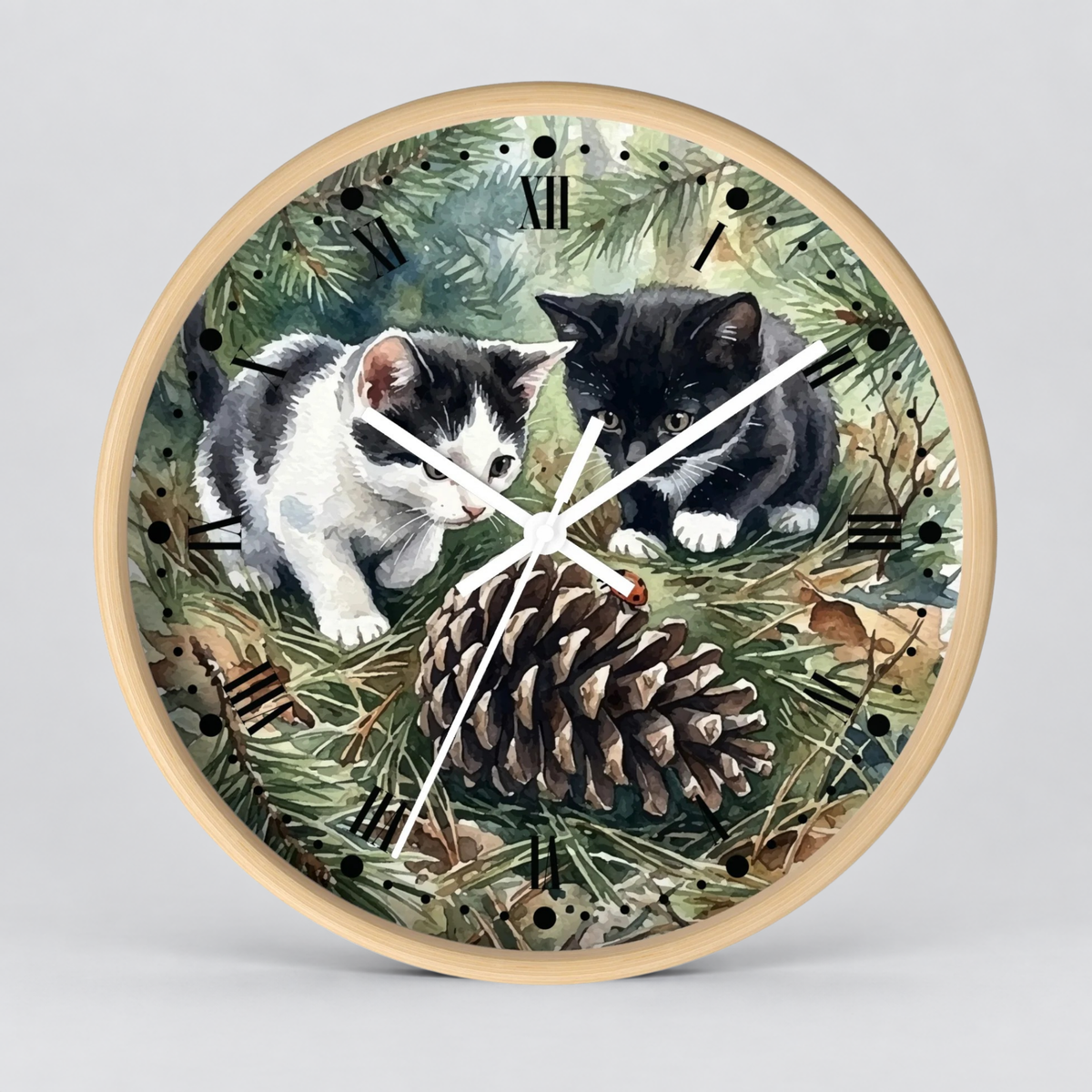 Watercolor Playful Kittens in the Pines Wood Wall Clock - Cat Lover Decor