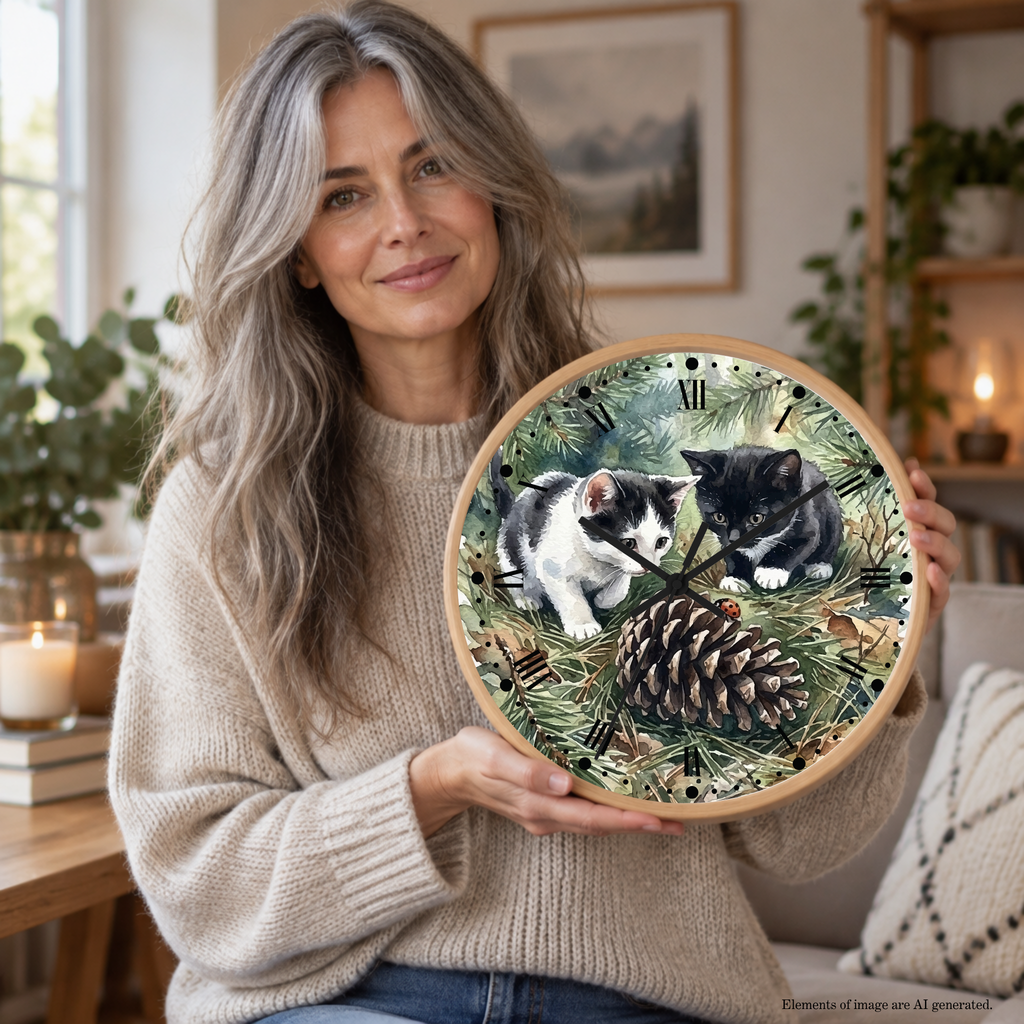 A woman with long gray hair holds a round wooden clock decorated with an illustration of two kittens on a pine branch background. She is wearing a beige knit sweater in a cozy, warmly lit living room setting.