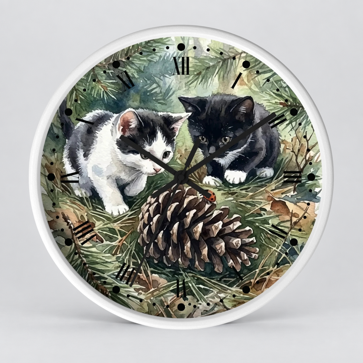 Watercolor Playful Kittens in the Pines Wood Wall Clock - Cat Lover Decor