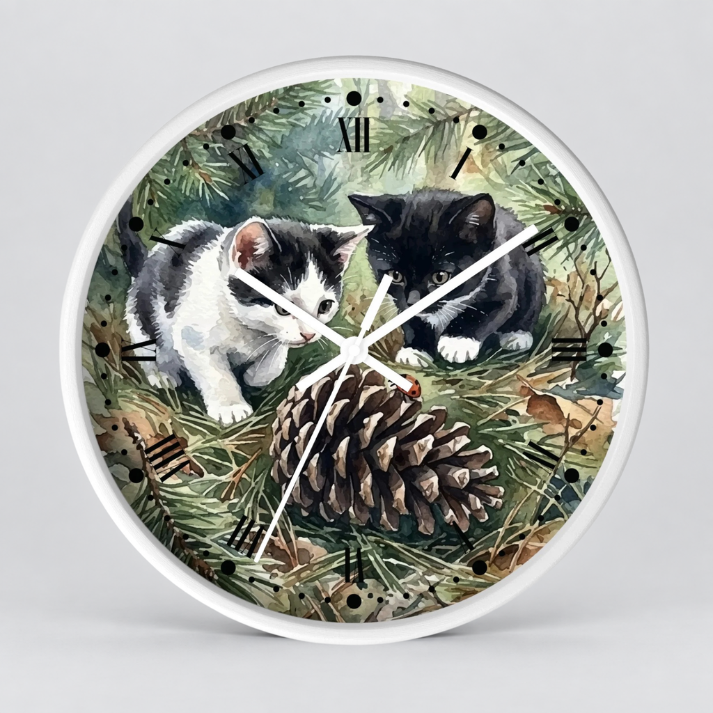 Watercolor Playful Kittens in the Pines Wood Wall Clock - Cat Lover Decor