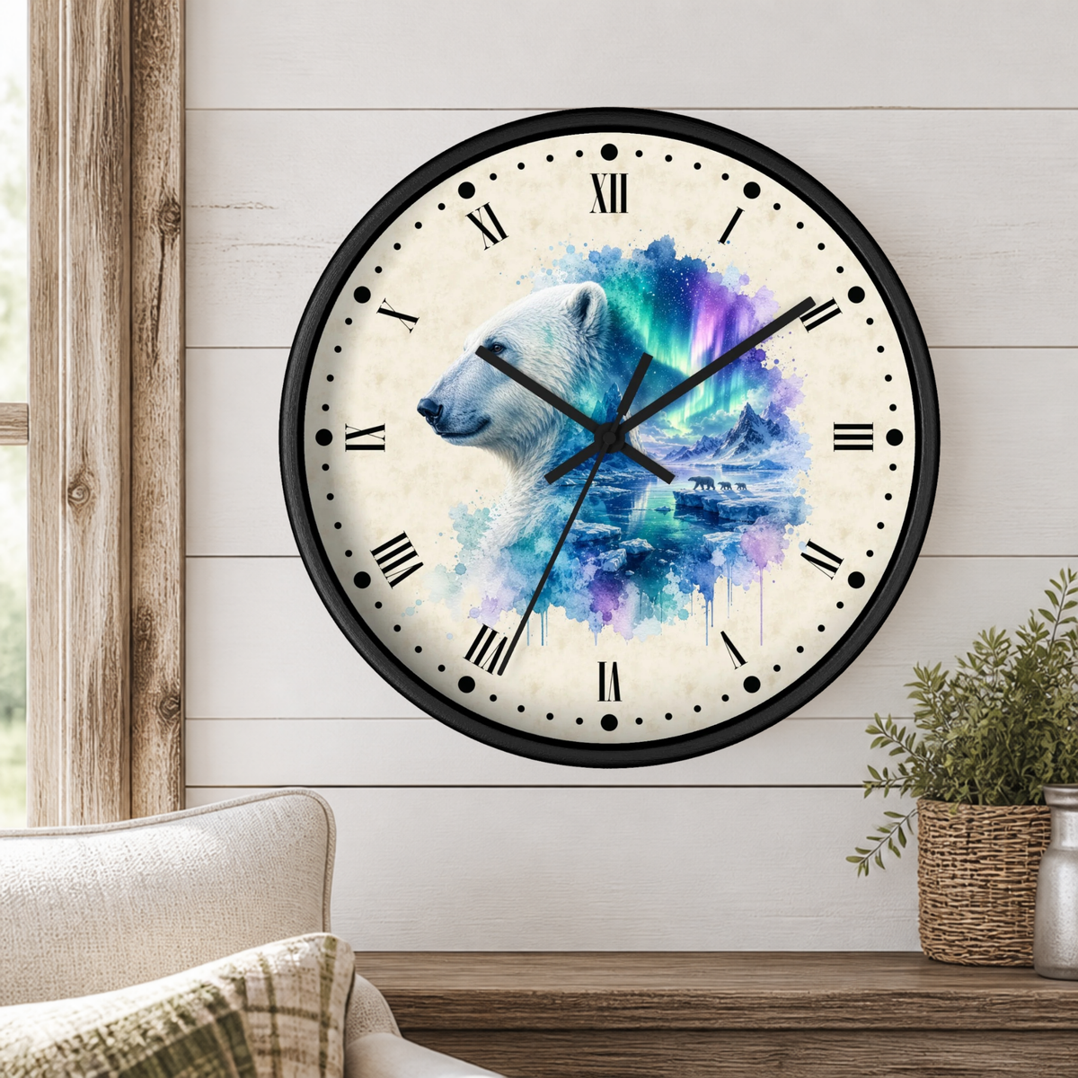 Polar Bear Aurora Layered Portrait Wall Clock — Northern Lights Wildlife Art Decor