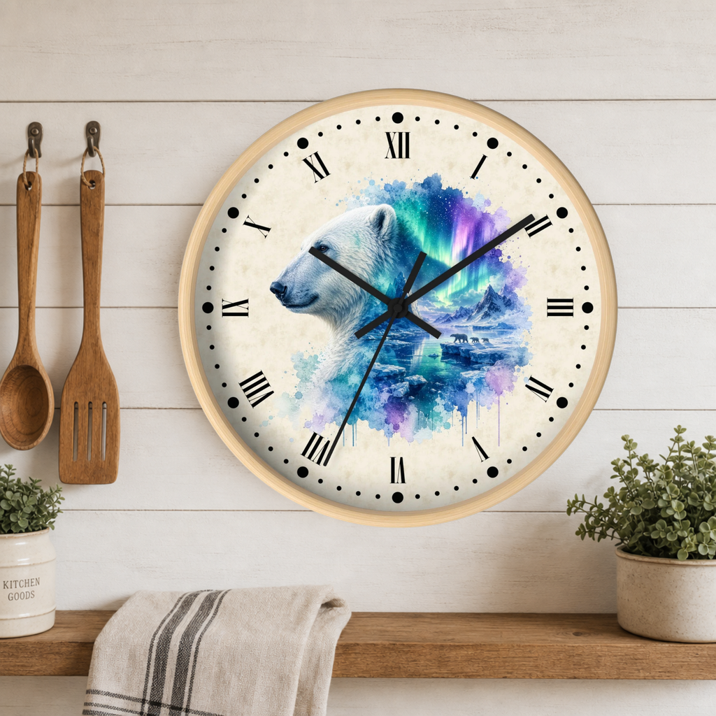Polar Bear Aurora Layered Portrait Wall Clock — Northern Lights Wildlife Art Decor