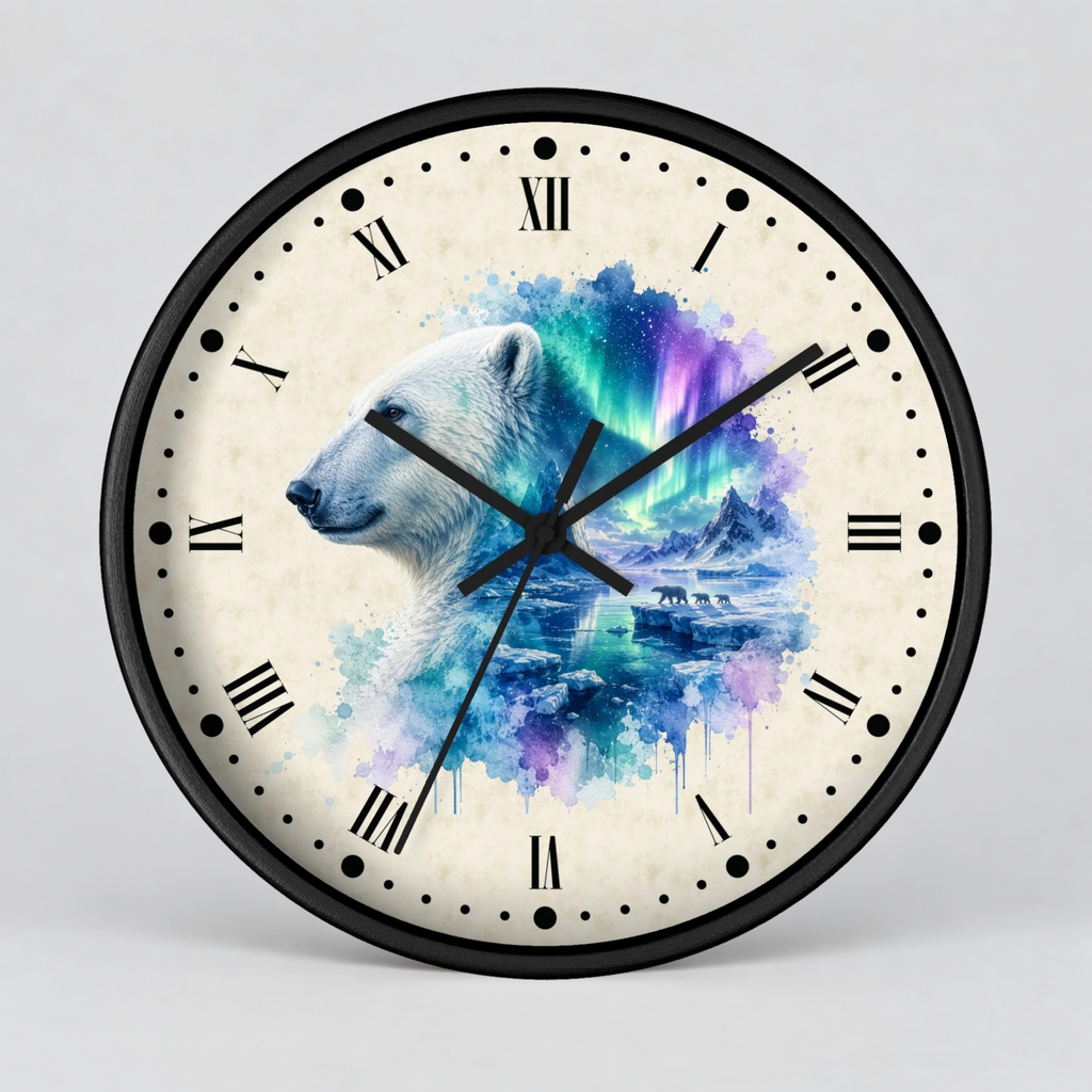 Polar Bear Aurora Layered Portrait Wall Clock — Northern Lights Wildlife Art Decor
