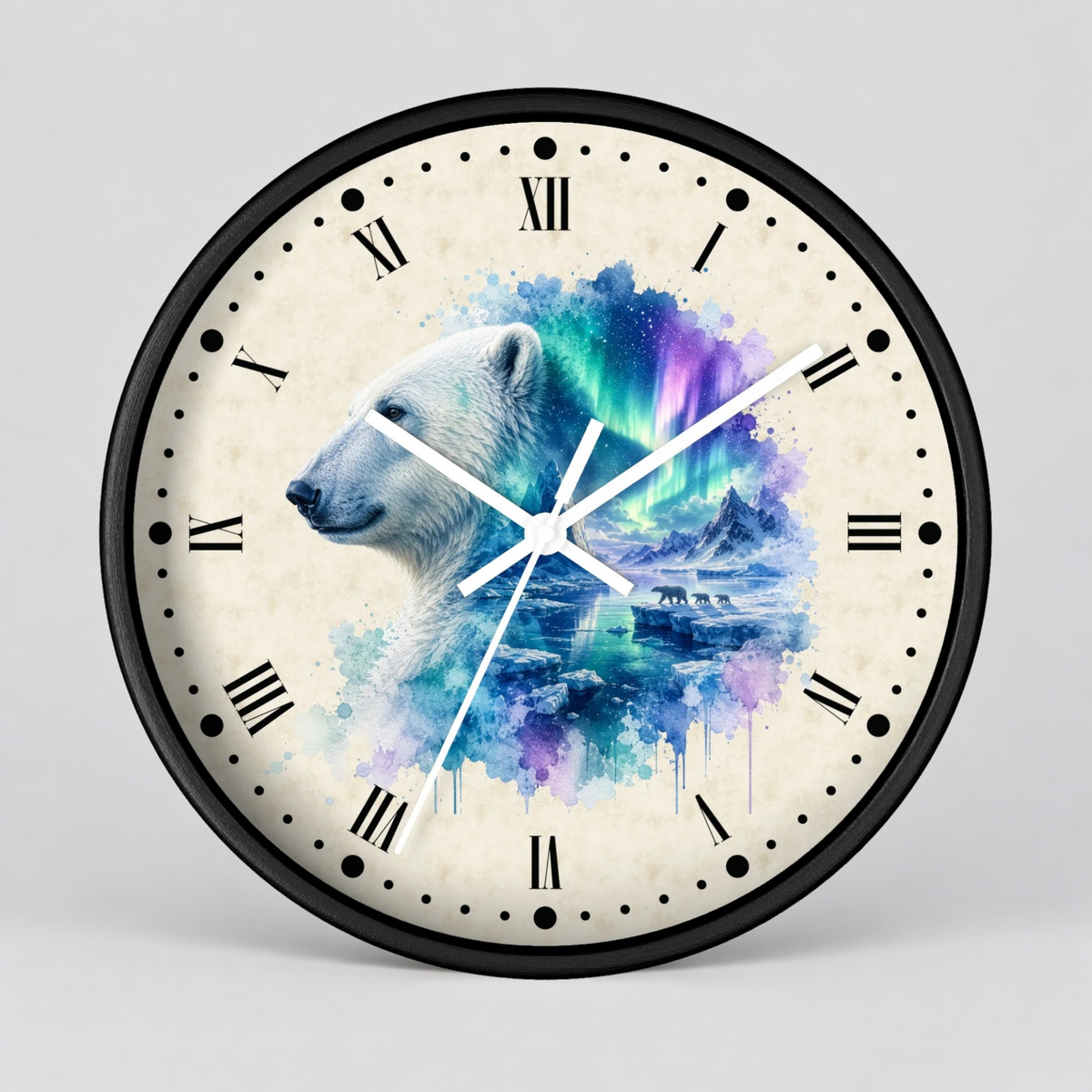 Polar Bear Aurora Layered Portrait Wall Clock — Northern Lights Wildlife Art Decor