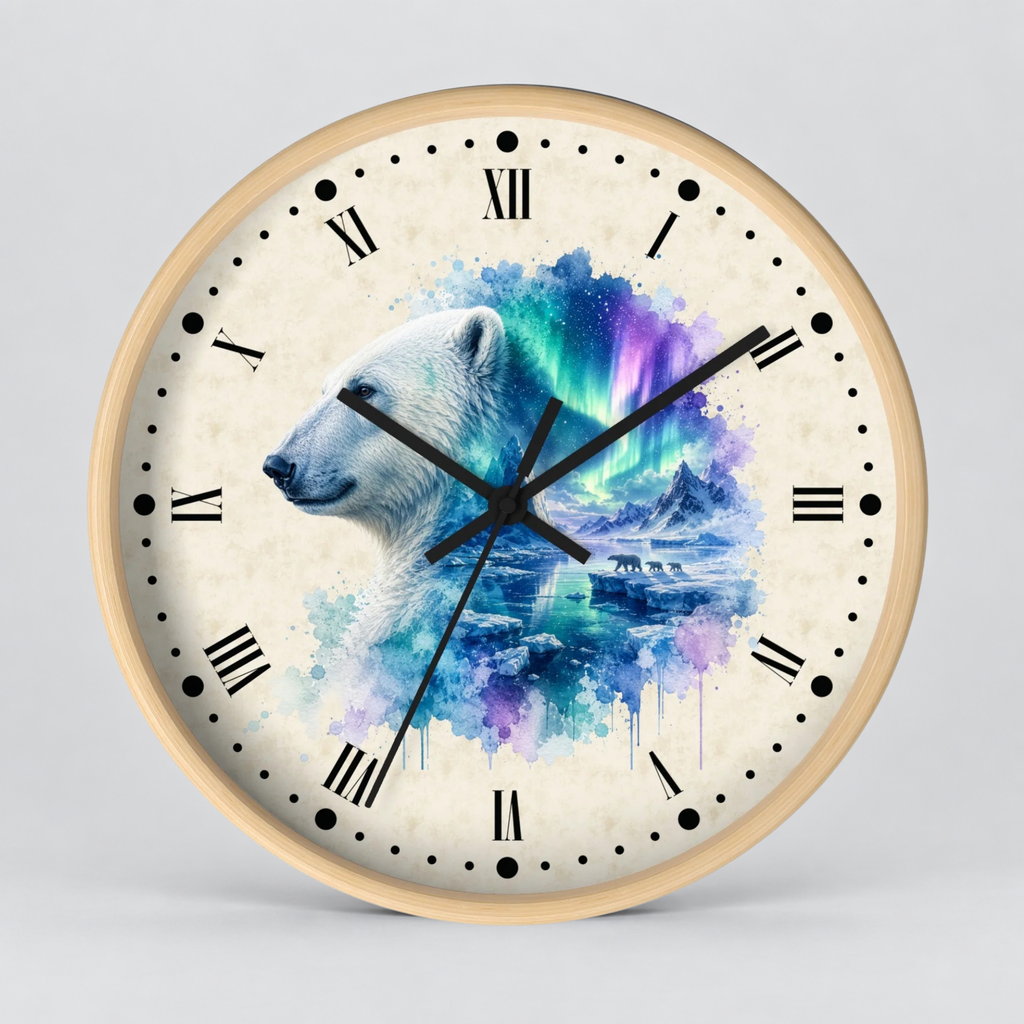 Polar Bear Aurora Layered Portrait Wall Clock — Northern Lights Wildlife Art Decor