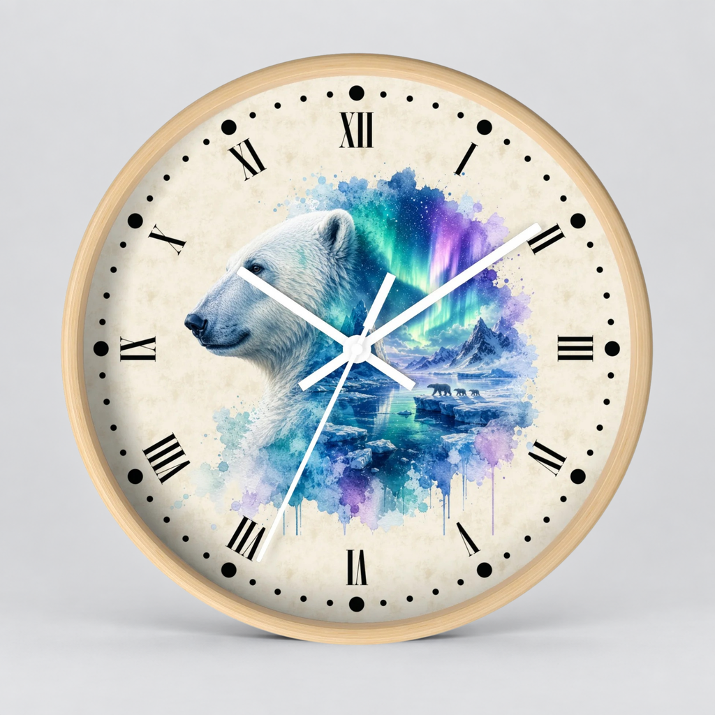 Polar Bear Aurora Layered Portrait Wall Clock — Northern Lights Wildlife Art Decor