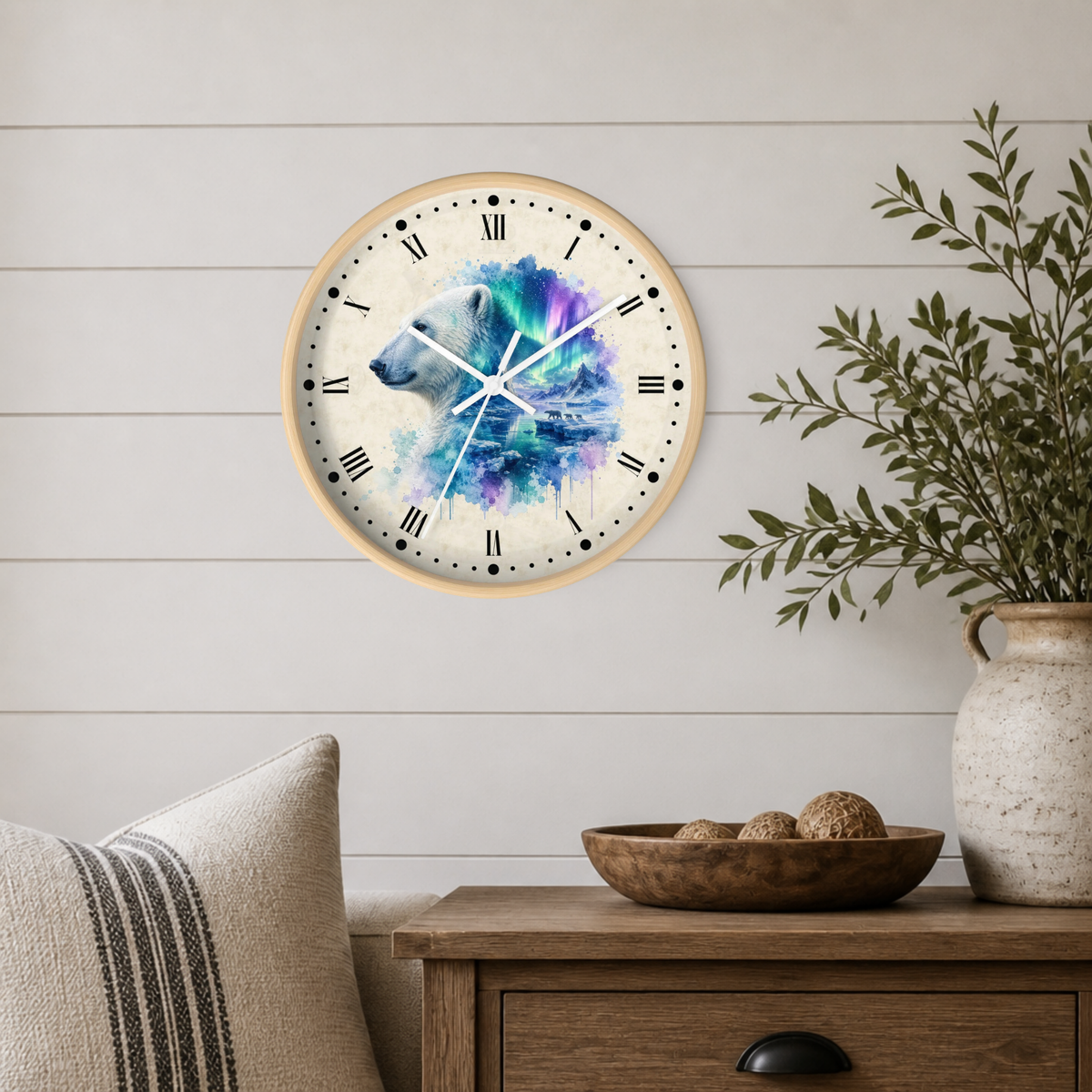 Polar Bear Aurora Layered Portrait Wall Clock — Northern Lights Wildlife Art Decor