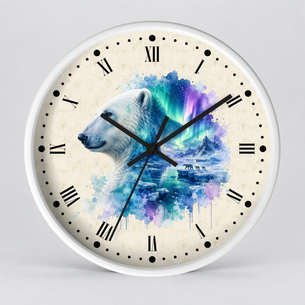 Polar Bear Aurora Layered Portrait Wall Clock — Northern Lights Wildlife Art Decor