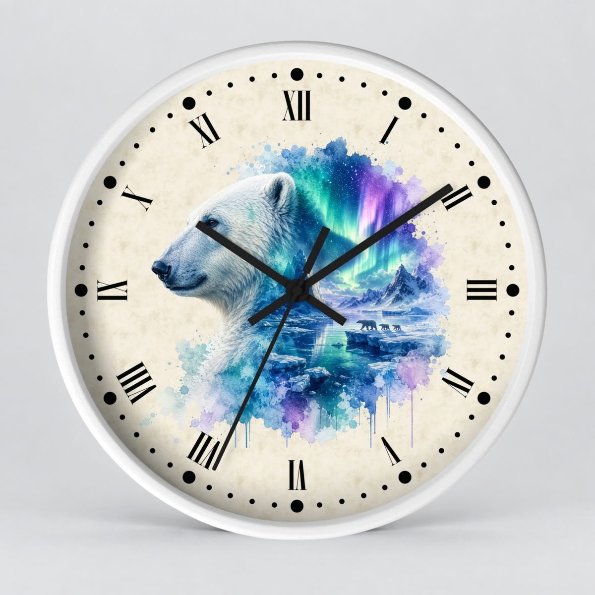 Polar Bear Aurora Layered Portrait Wall Clock — Northern Lights Wildlife Art Decor