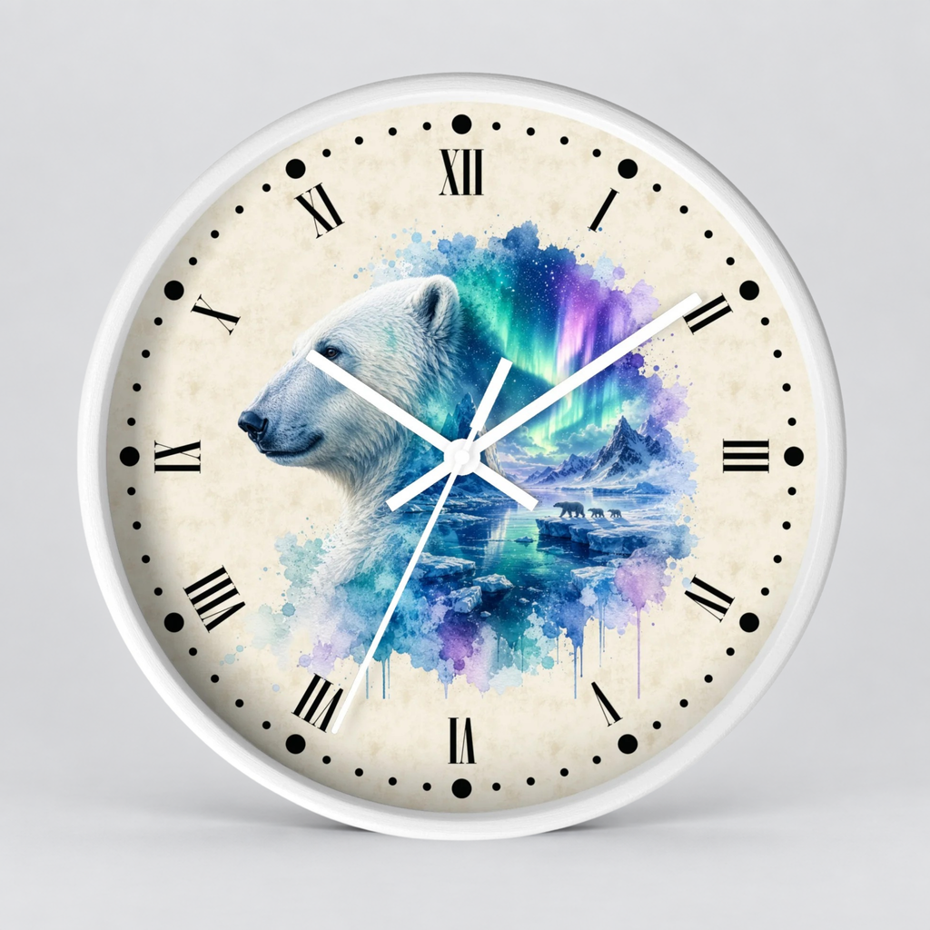 Polar Bear Aurora Layered Portrait Wall Clock — Northern Lights Wildlife Art Decor
