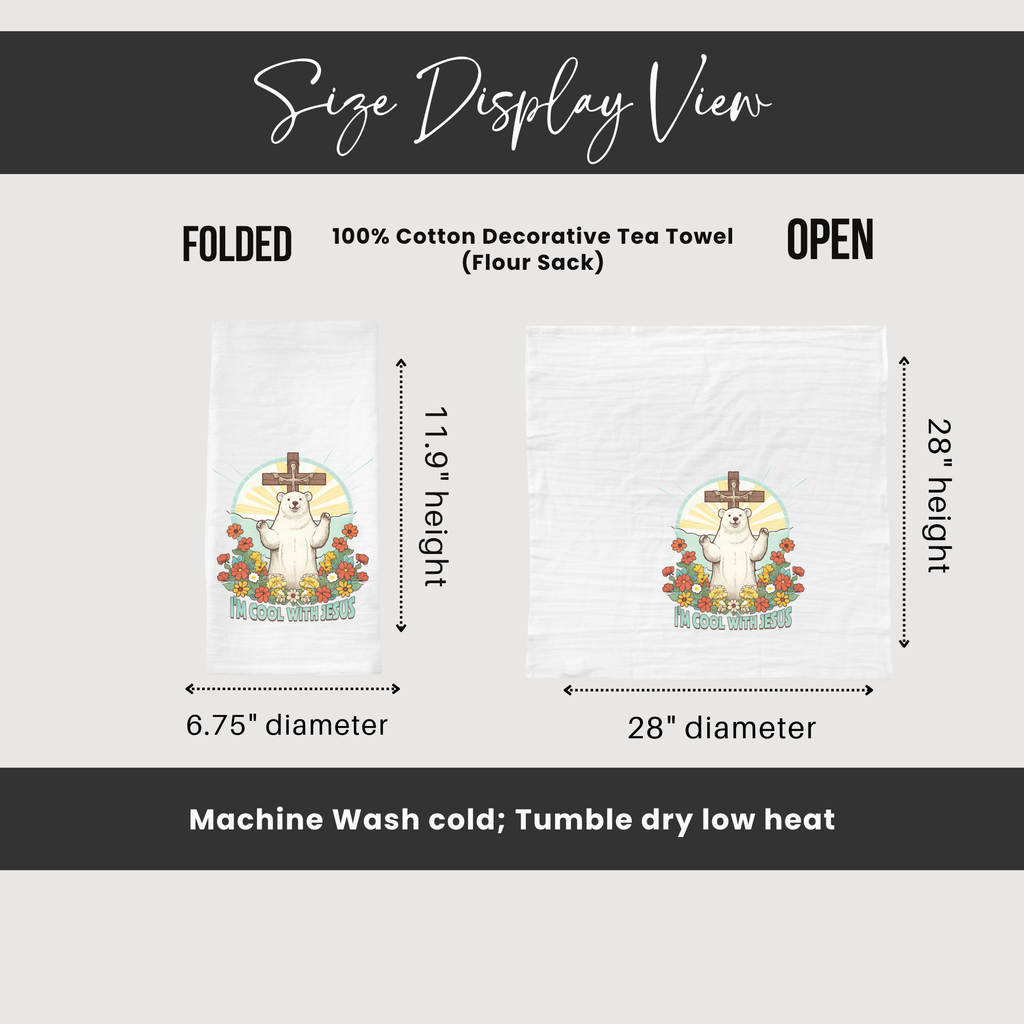 Size display view of a decorative tea towel with dimensions and care instructions.