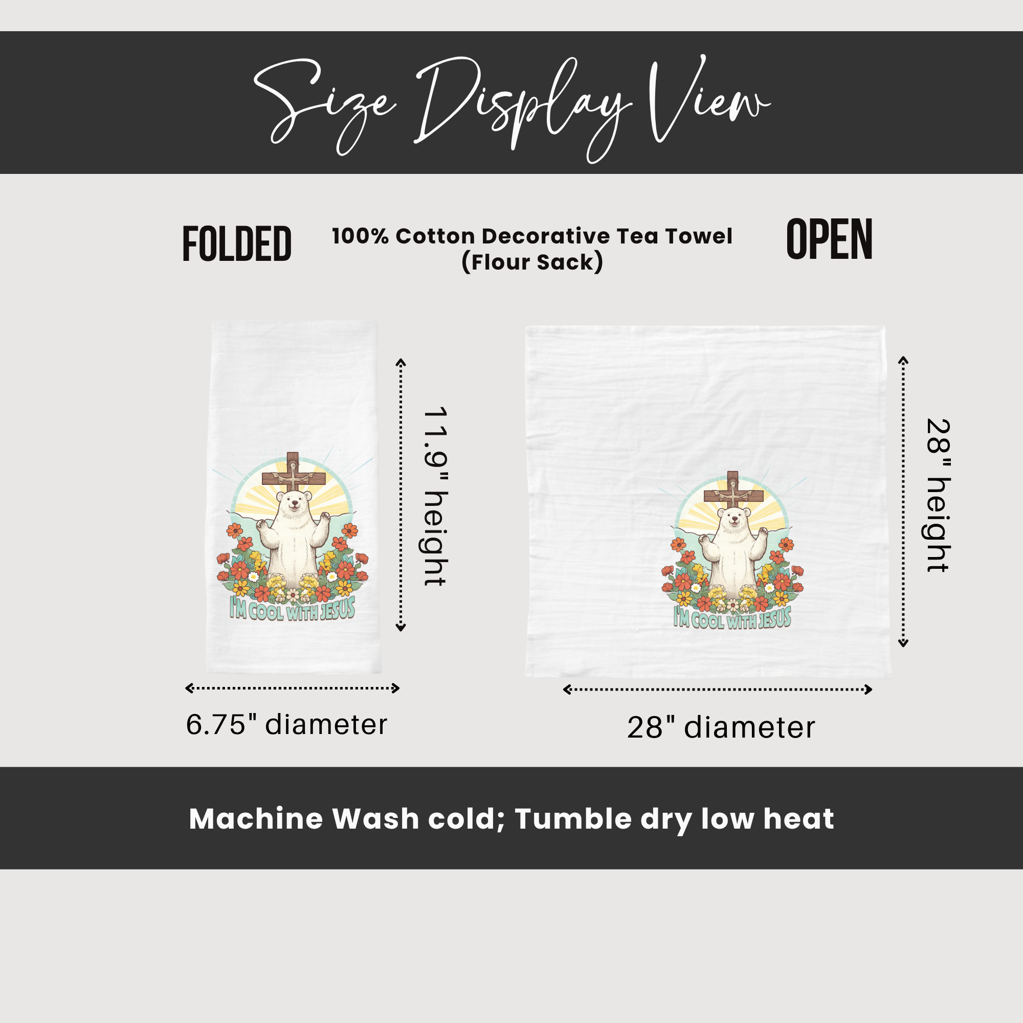 Size display view of a decorative tea towel with dimensions and care instructions.