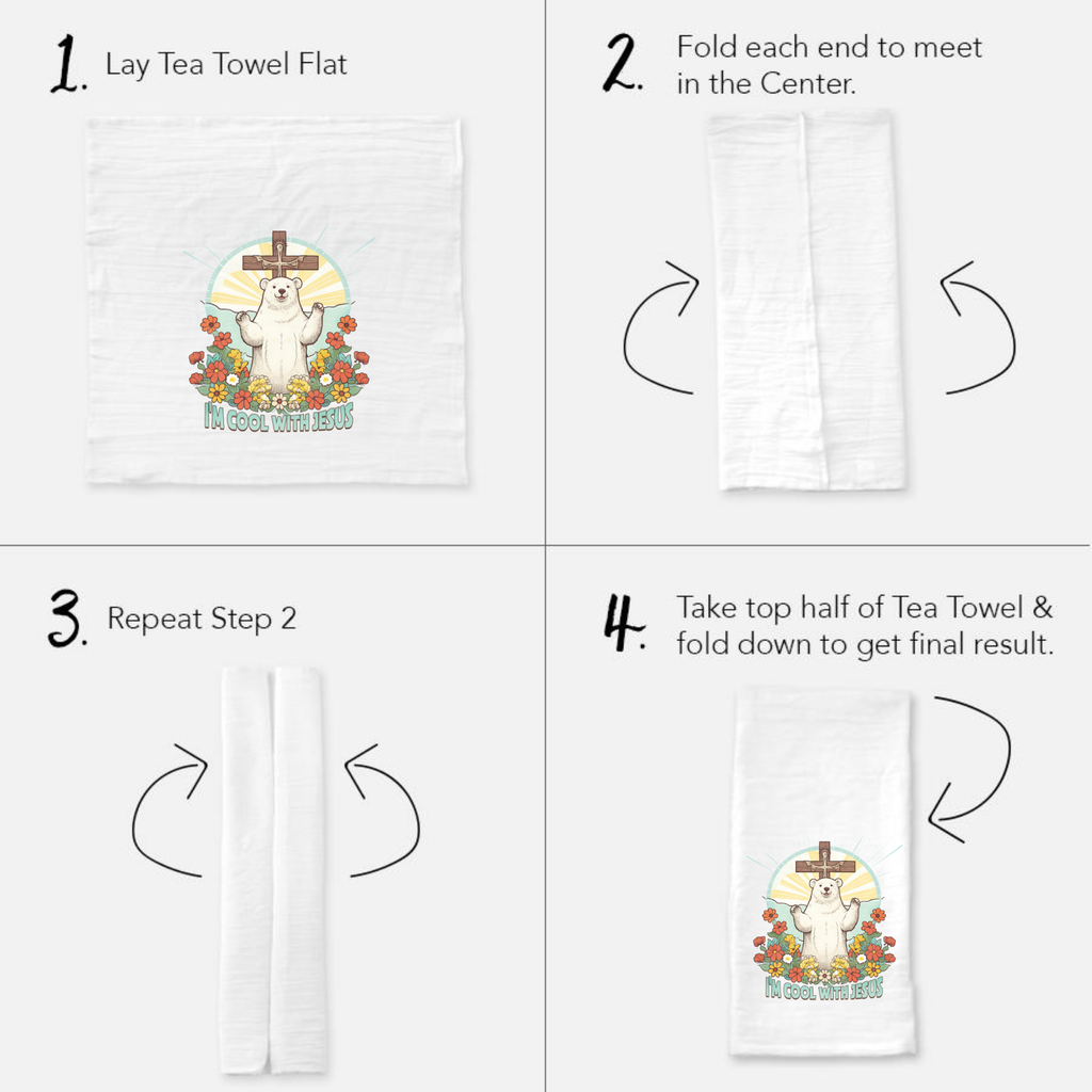 Instructions for folding a tea towel with a cartoon polar bear design on a white background.