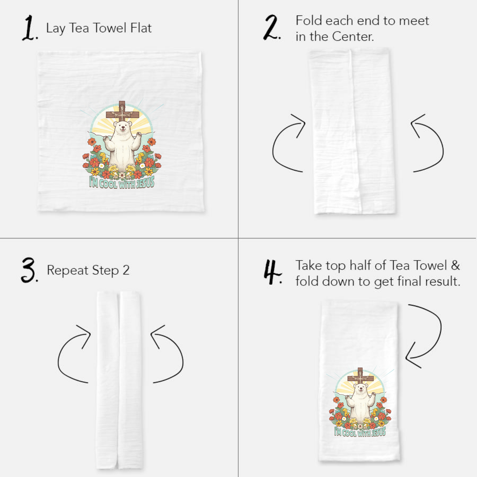 Instructions for folding a tea towel with a cartoon polar bear design on a white background.