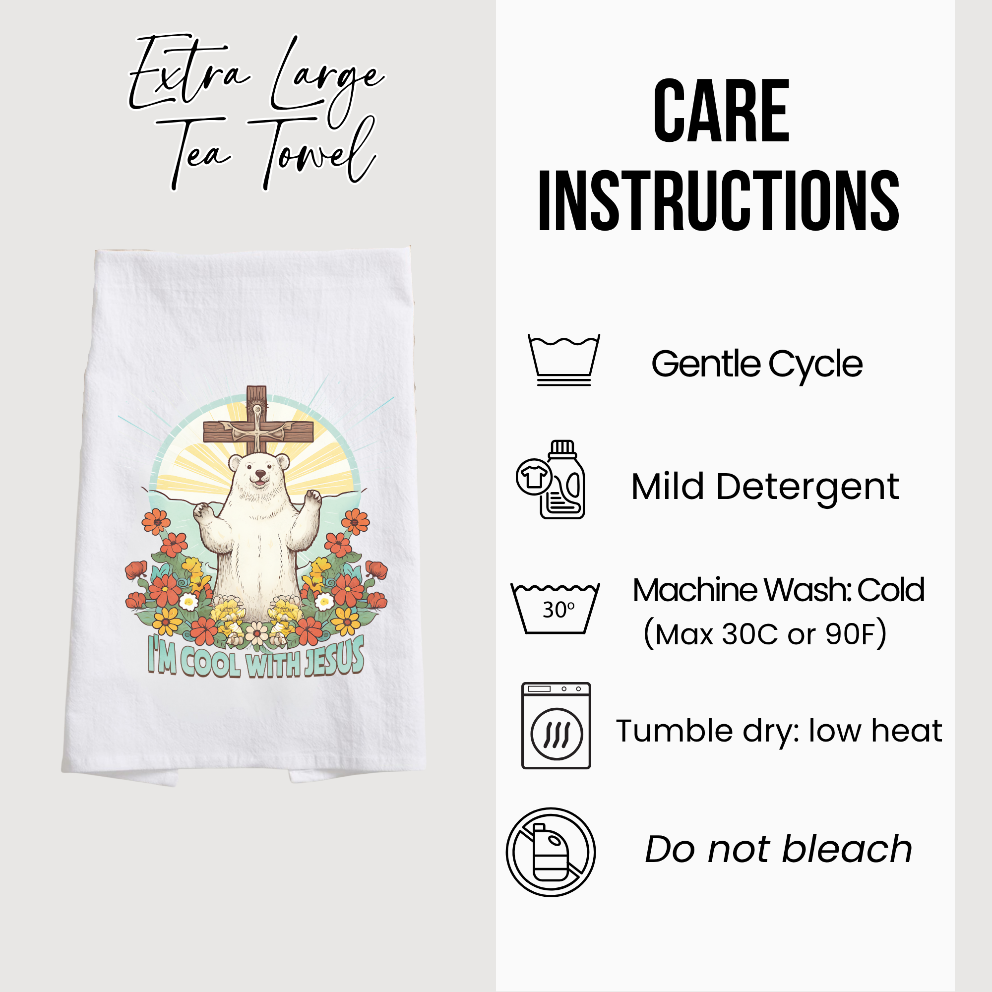 Tea towel with bear and cross design and care instructions on a white background