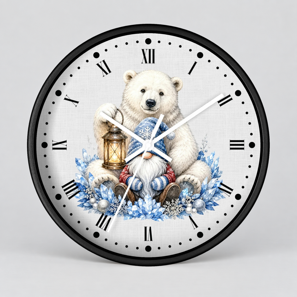 A round wall clock with a black frame and a white face featuring an illustration of a polar bear sitting in a sleigh surrounded by blue floral wreaths and snowflakes, with black Roman numerals and white clock hands.