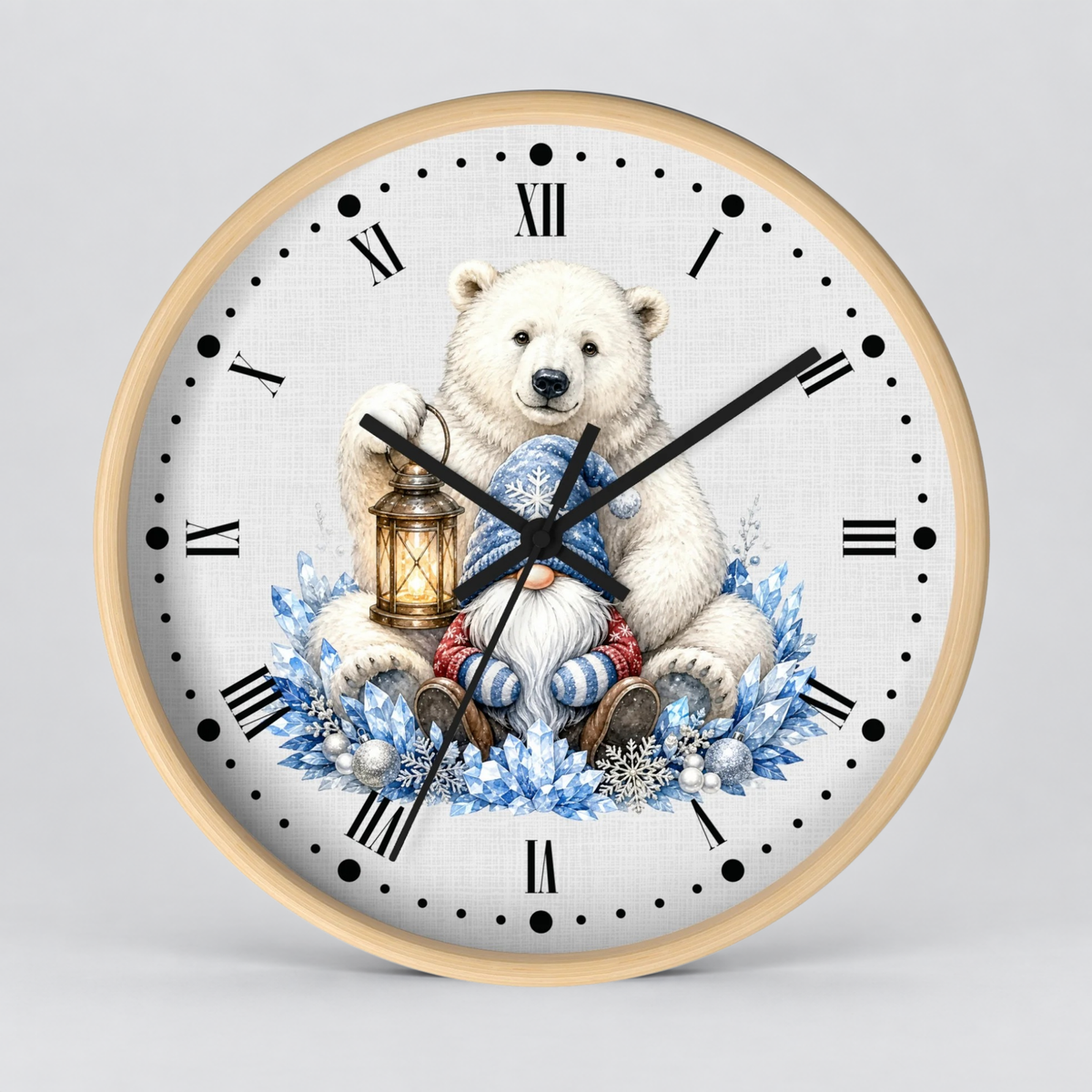 Polar Bear & Gnome Winter Wall Clock — Rustic Holiday Nursery Decor