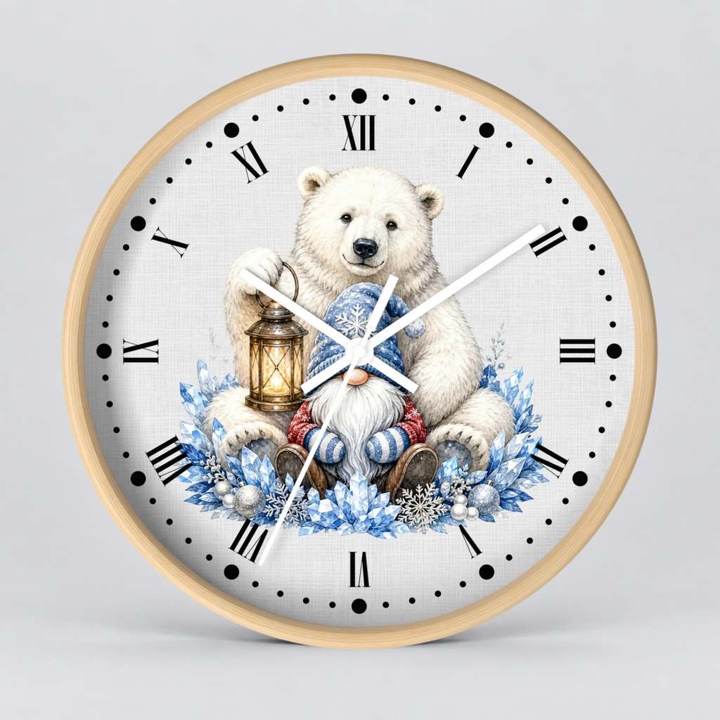 Polar Bear & Gnome Winter Wall Clock — Rustic Holiday Nursery Decor