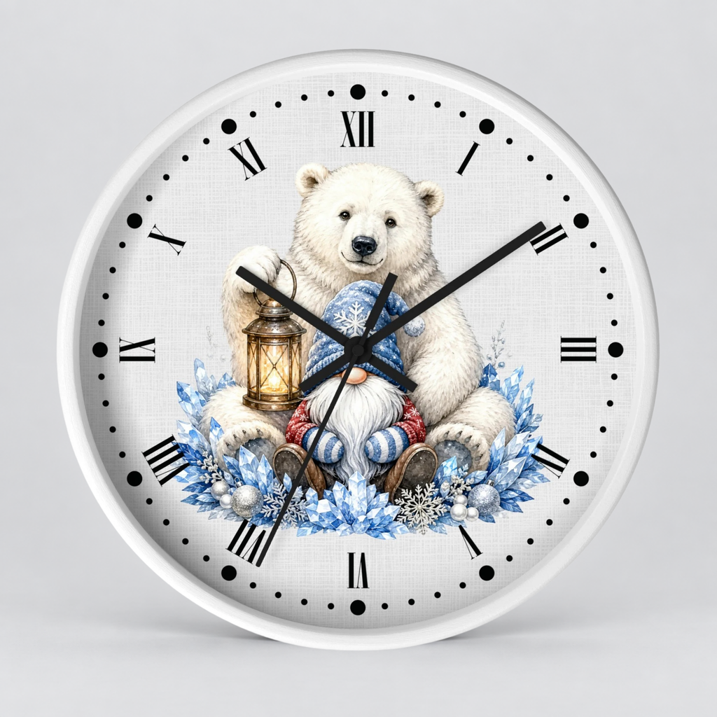 Polar Bear & Gnome Winter Wall Clock — Rustic Holiday Nursery Decor
