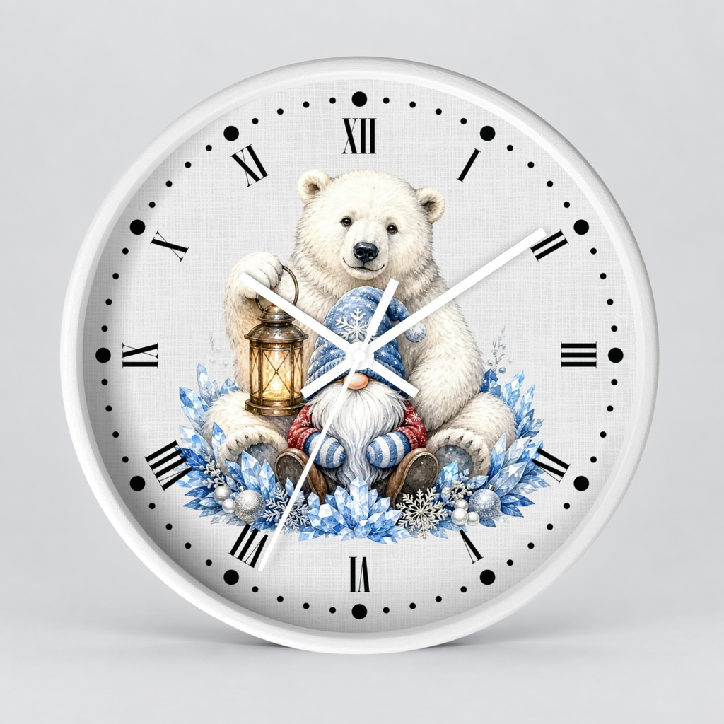 Polar Bear & Gnome Winter Wall Clock — Rustic Holiday Nursery Decor