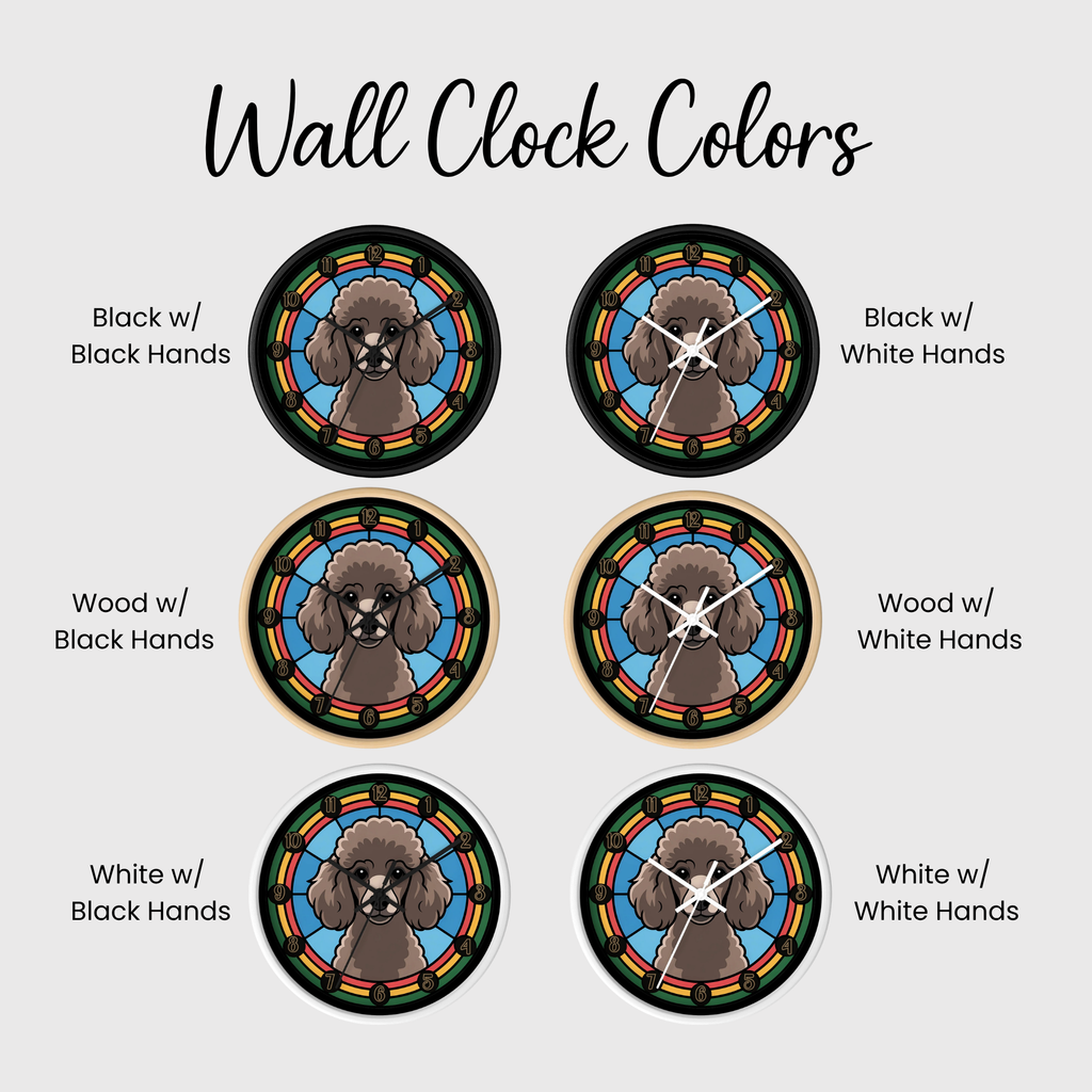 Set of wall clocks with different color options and hand colors on a white background.