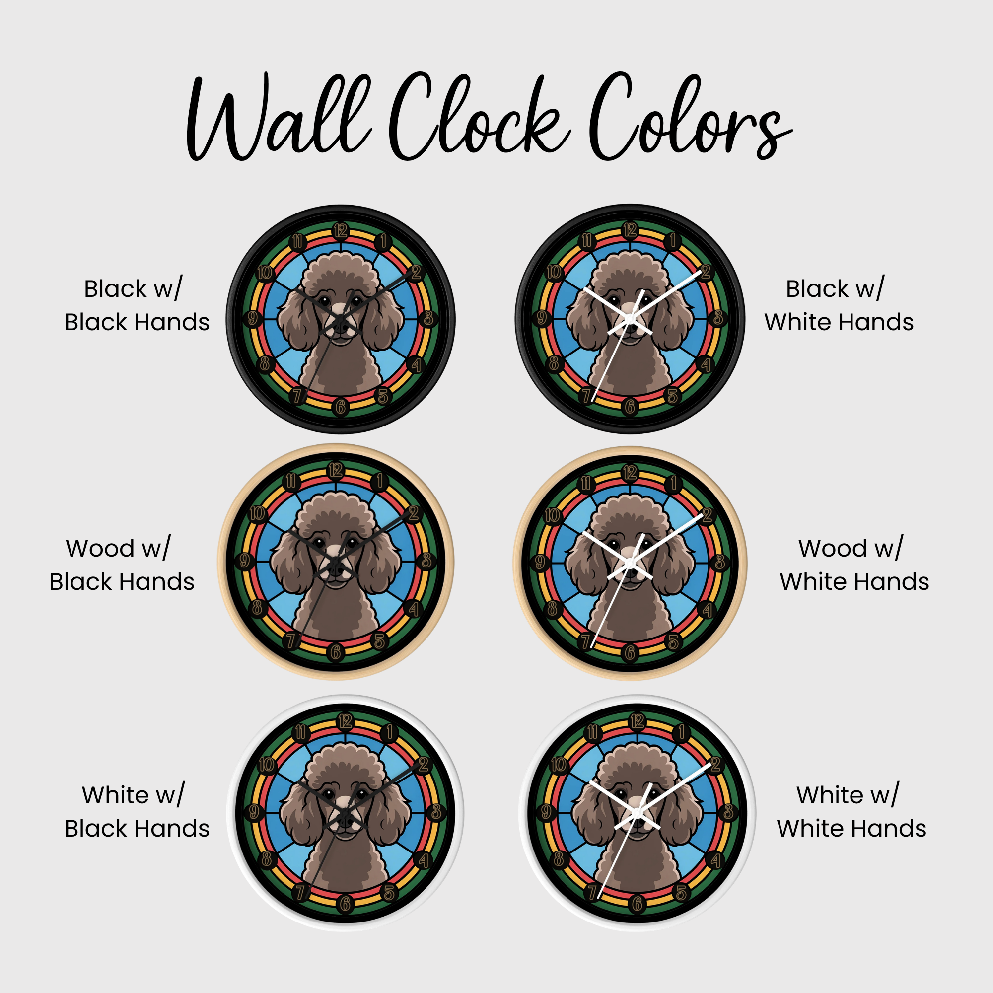 Set of wall clocks with different color options and hand colors on a white background.