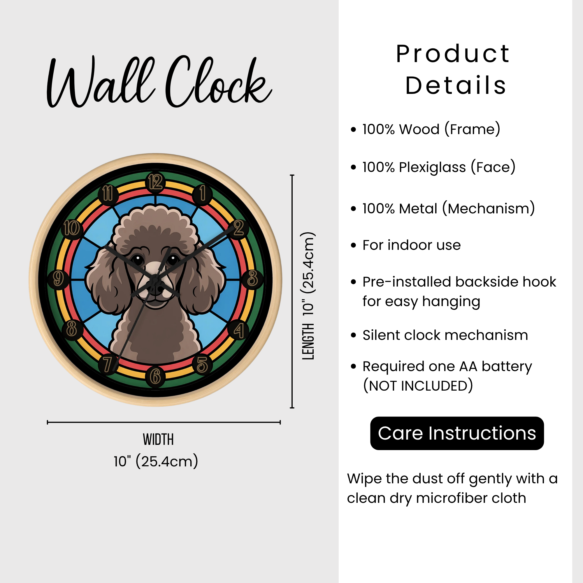 Wall clock with a Poodle dog illustration and product details on a white background